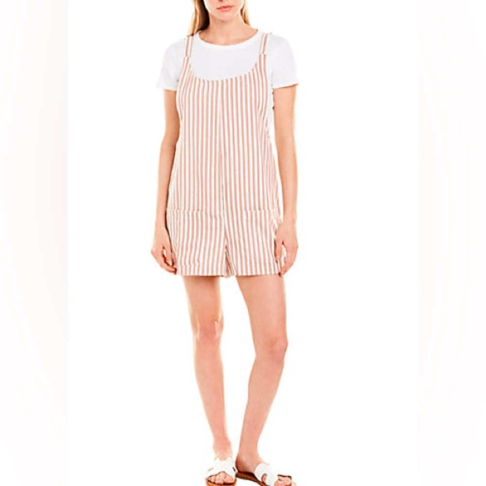 Anthropologie Bishop and Young Red/White Faded Short Overalls size M